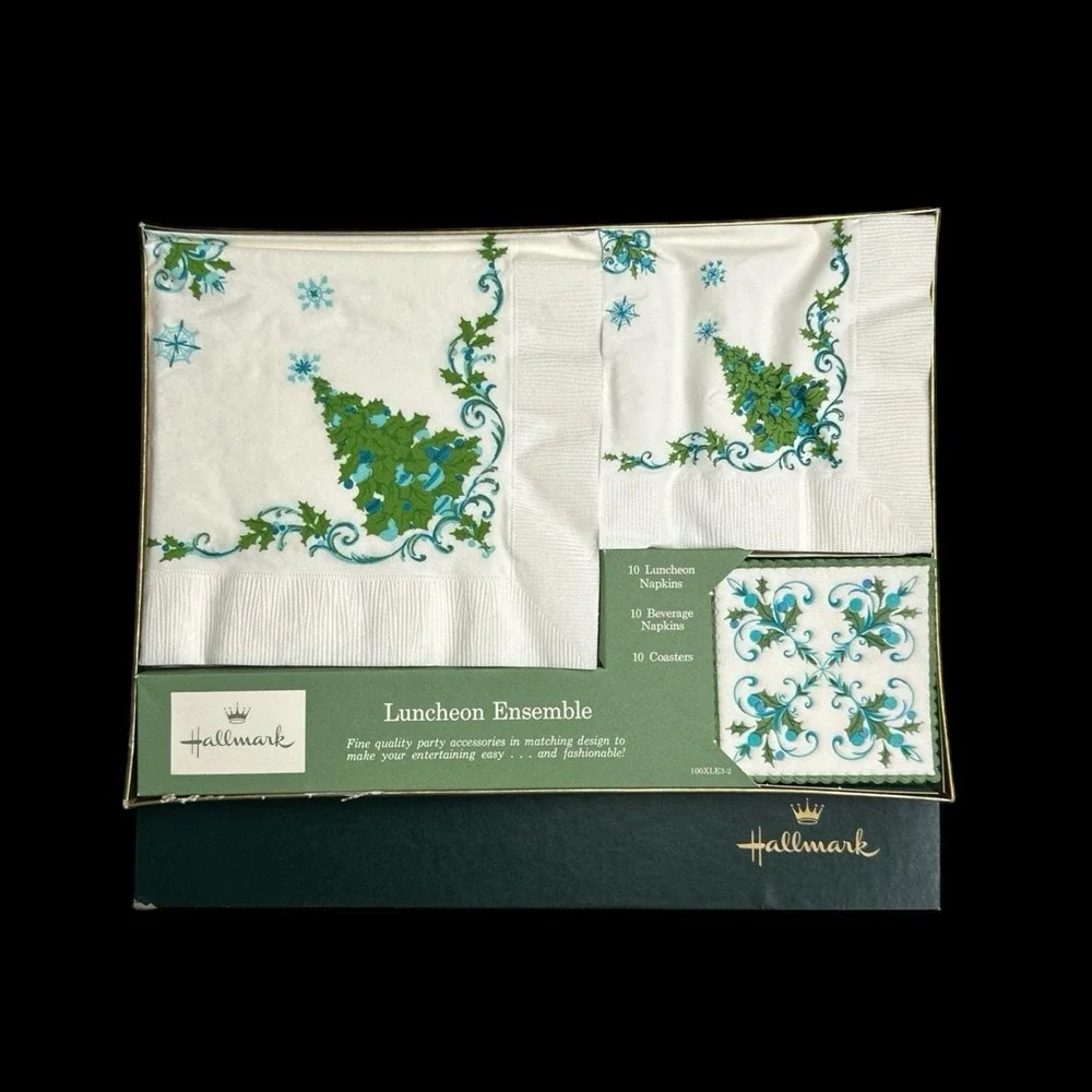 Hallmark Christmas Tree Luncheon Ensemble Paper Napkins Coasters Set‎ 1970s
